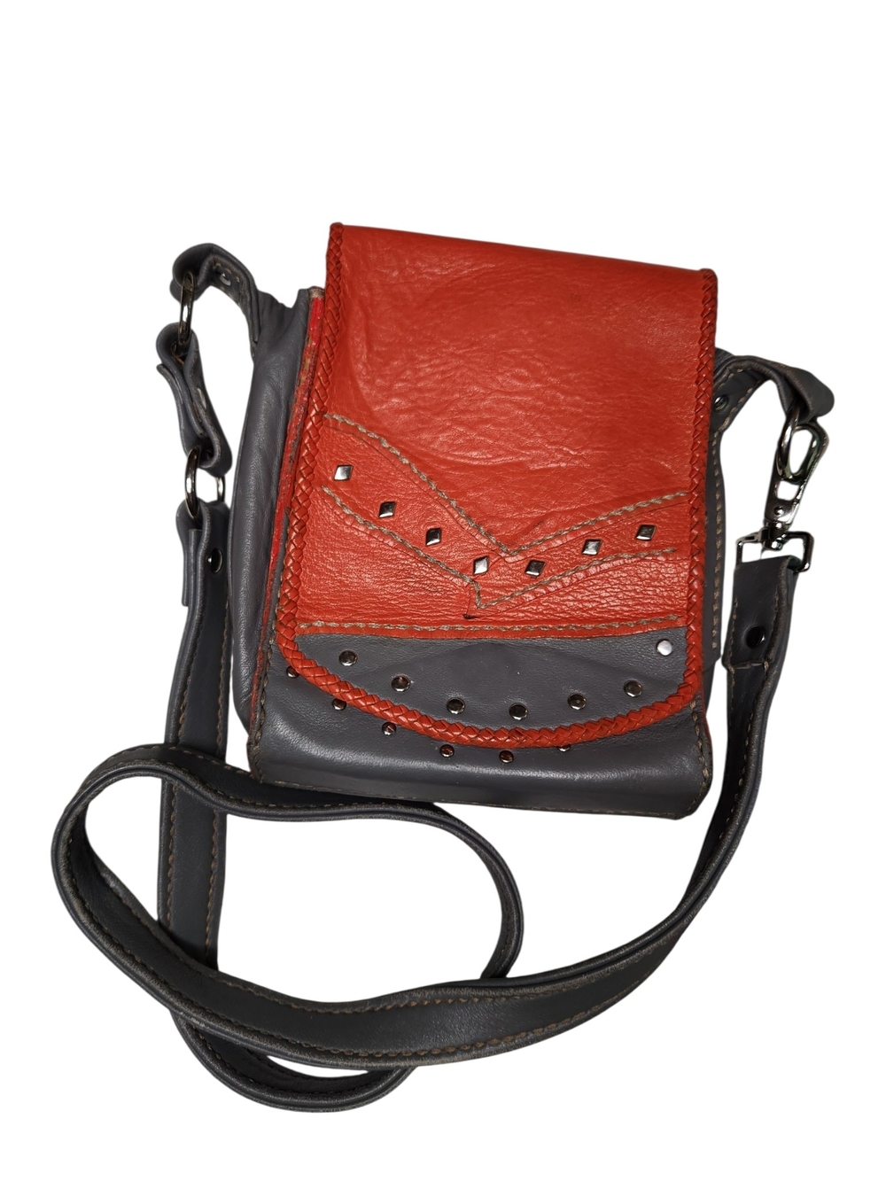Handmade Genuine Leather Crossbody Bag Red Gray Studded Western Boho
